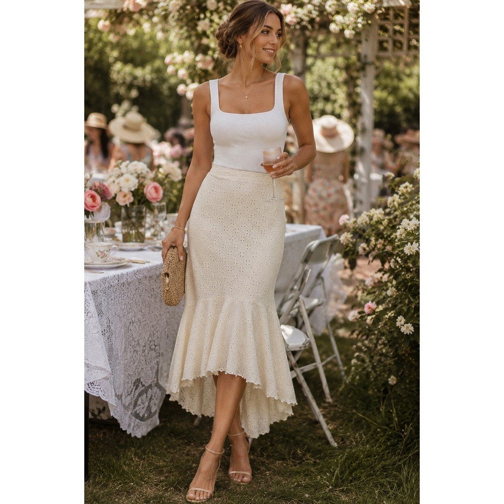 Ivory Eyelet Midi Mermaid Skirt High Low Ruffle Hem Size L Cottagecore Coastal